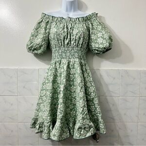 Womens L XL Green Floral Puff Sleeves Off Shoulder Mini Dress Fairy Cottagecore